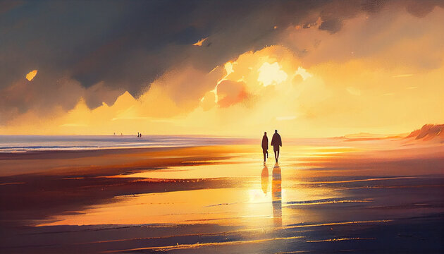 Sunset on the Beach: A Dreamy & Peaceful Stroll Amidst the Ocean's Serene Scene - Two People, Wide Angle, Cinematic, Painting, and the Golden Hour.