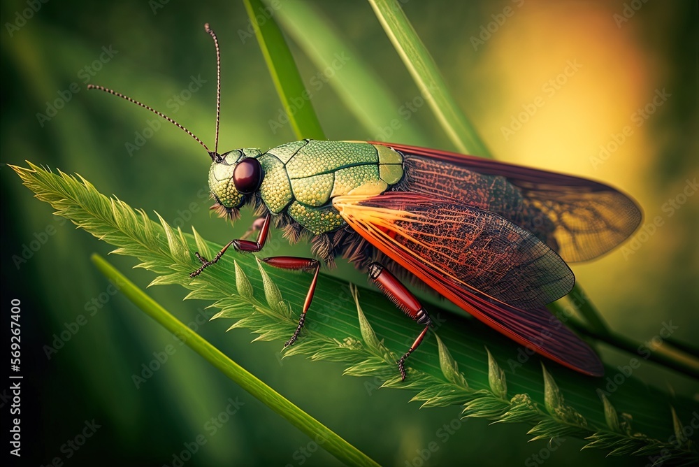 Poster bug with net-like wings perched on a grass stem generative ai