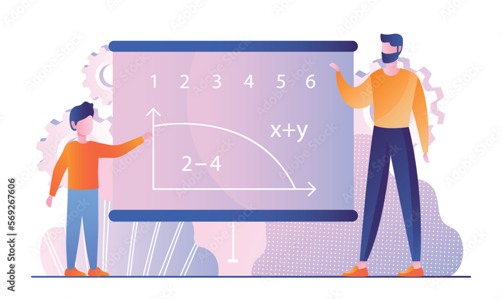 Aufkleber learning online concept. man and boy near blackboard with formulas, lesson in mathematics and physic