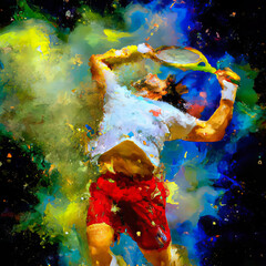 An expressive oil painting of a badminton player smash