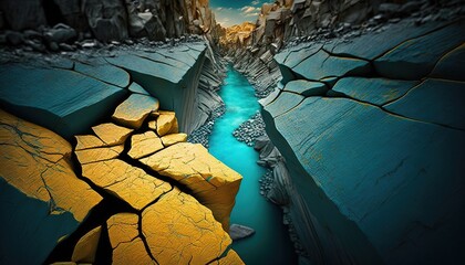  a painting of a river running through a cracked area with a mountain in the distance and a blue river running through it with yellow rocks on both sides.  generative ai