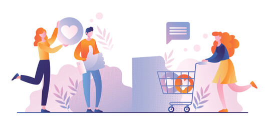 Referral marketing concept. Man and woman with basket of reactions for social networks and messengers. Modern methods of promotion of goods on Internet, advertising. Cartoon flat vector illustration