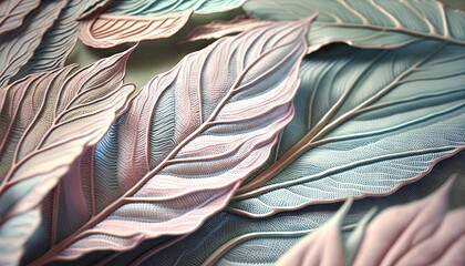  a close up of a leaf pattern on a table top with a green background and a blue and pink background with a few green leaves.  generative ai