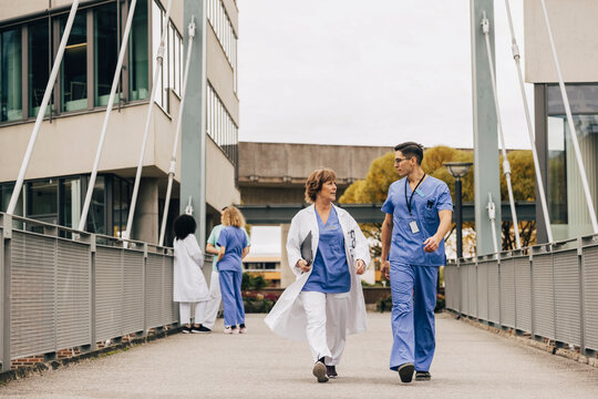 Female doctor talking while walking with hospital staff on bridge