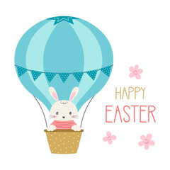 vector happy easter illustration with cute adorable bunny fly on air balloon, flat style, print for kids