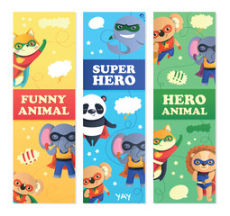 Superheroes banner set. Collection of graphic elements for website. Elephant, panda and lion in capes and masks. Imagination and fantasy. Cartoon flat vector illustrations isolated on white background