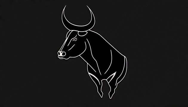  a bull with a long horn on its head is shown in a black and white picture with a white outline on a black background with a white outline.  generative ai