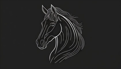  a horse's head with a long mane on a black background with a white outline of a horse's head on a black background.  generative ai