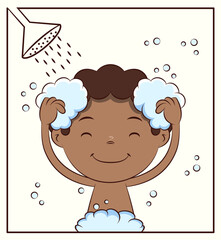Boy taking shower, child washing hair