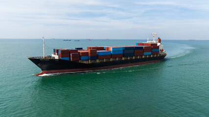 container ship transporting cargo logistics import export goods international around the world including Asia Pacific and Europe, global business and industry 