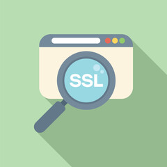 Search SSL certificate icon flat vector. Network security. Check payment