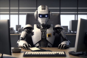 Robot AI employee sitting at his desk in an office - Generative AI
