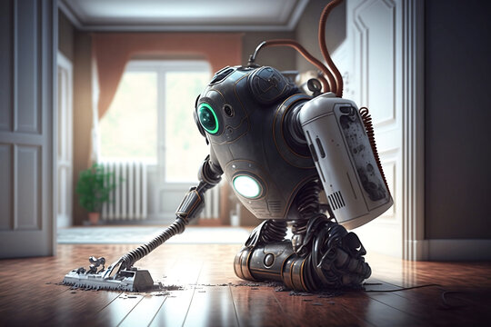 3D render of a robot AI cleaning the floor in a cozy house - Generative AI