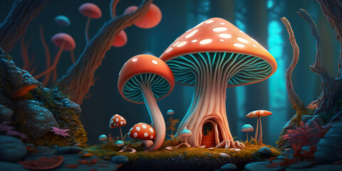 Fairytale forest with mushrooms and mushroom houses, the home of the little forest manok in a mystical forest, digital illustration.generative ai illustration.