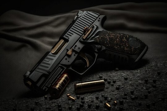  a gun and some bullet shells on a black background with a black background and a black background with a black background and a black background with a black background with gold.  generative ai