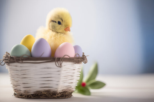 Cute little duckling sitting in a wicker basket full of painted Easter eggs. Greeting card layout. AI generative image.