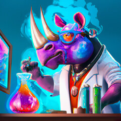 Rhinoceros mad scientist mixing sparkling chemicals with blue and purple color