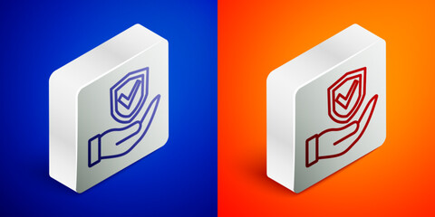 Isometric line Shield in hand icon isolated on blue and orange background. Insurance concept. Guard sign. Security, safety, protection, privacy concept. Silver square button. Vector