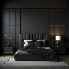 Cozy modern bedroom interior with black bed and decoration room on a black or white wall background, Generative AI
