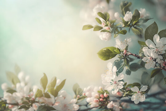 Beautiful spring blossom branches tree background with copy space. Blank place for text. AI generative image.