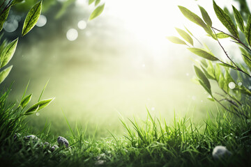Fototapeta premium Beautiful abstract spring green grass soft bright light background with copy space. Blank place for text. Ai generative image.