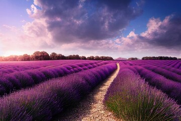Fototapeta na wymiar beautiful lavender countryside field with clouds, art, generative ai
