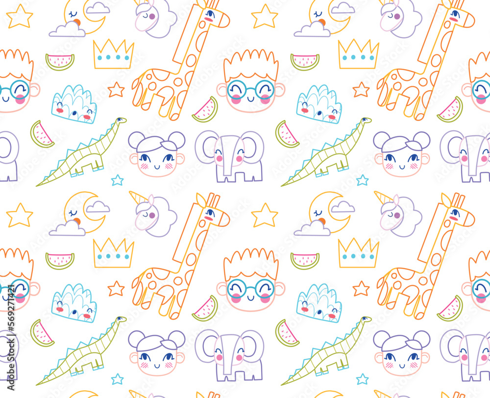 Poster children drawn seamless pattern. repeating design element for printing on fabric. minimalistic creat