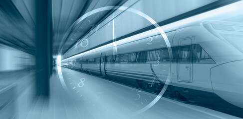 High speed train runs on rail tracks, shows a clock and twelve in the foreground - Train in motion