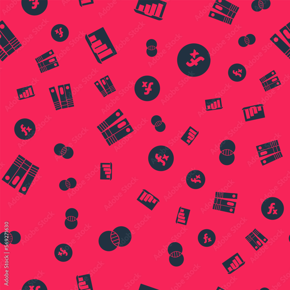 Poster set mathematics sets a and b, laptop with graph chart, office folders and function mathematical symb