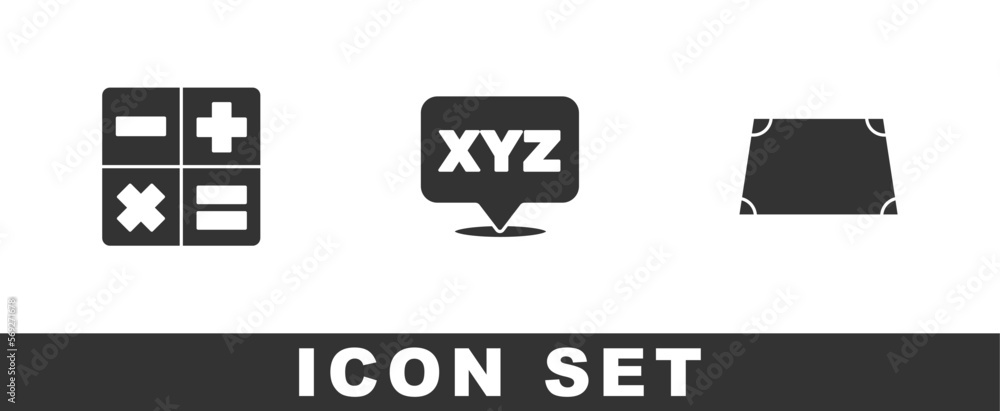 Aufkleber set calculator, xyz coordinate system and acute trapezoid shape icon. vector