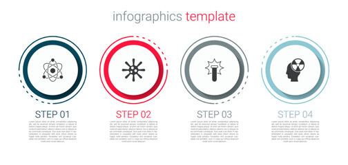 Set Atom, Bacteria, Chemical explosion and Head and radiation symbol. Business infographic template. Vector