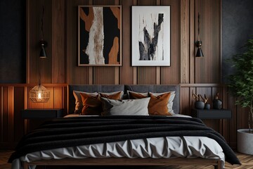  a bedroom with wood paneling and a bed with a black comforter and two framed pictures on the wall above it and a potted plant.  generative ai
