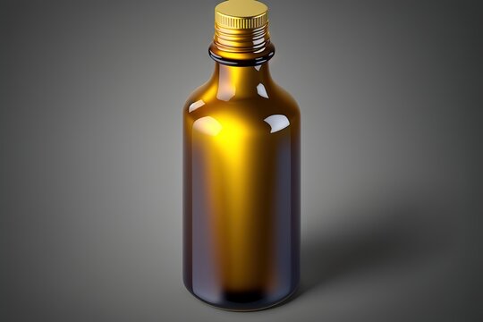  a brown glass bottle with a gold top on a gray background with a shadow on the floor and a yellow cap on the top of the bottle.  generative ai