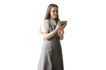 Cafe employee apron using a tablet woman, isolated transparent, PNG background.	
