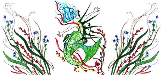 Felt-tip pen mermaid in the fields illustration, transparent abstract decorative element