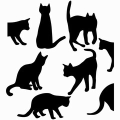 Black cat silhouettes - cat poses, cat variations, actions - vector 
