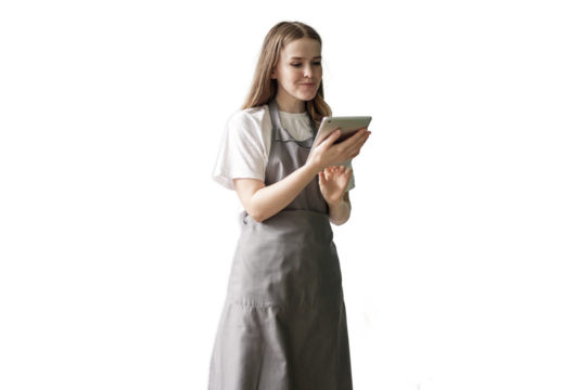 Cafe employee apron using a tablet woman, isolated transparent, PNG background.	
