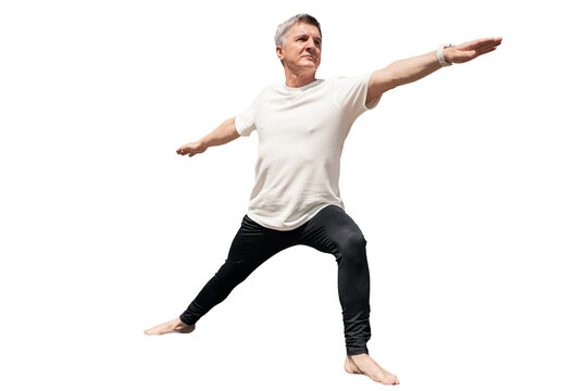 Retired man gray-haired yoga exercise asana, isolated transparent, PNG background.	
