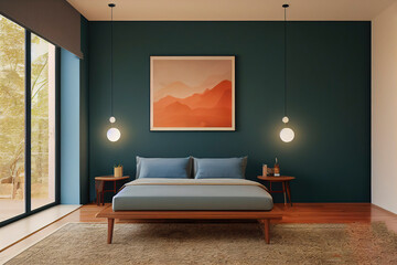 Beautiful Cozy Sage Green Statement wall Mid century Modern Living interior Primary Bedroom Mockup with minimal staged furniture Made with Generative Ai
