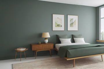 Beautiful Cozy Sage Green Statement wall Mid century Modern Living interior Primary Bedroom Mockup with minimal staged furniture Made with Generative Ai
