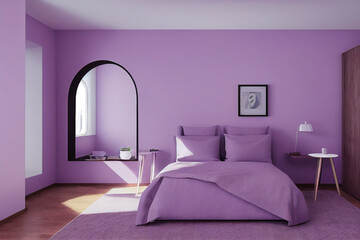 Cute Mid Century Modern Mockup Living Primary Bedroom Interior With Purple statement wall Made with Generative Ai