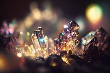  a bunch of shiny diamonds sitting on top of a table next to a black background with a blurry light in the middle of the picture.  generative ai