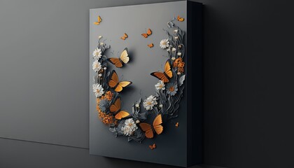  a picture of a number of butterflies on a wall with flowers and leaves in the shape of the number six on a gray background with a black border.  generative ai