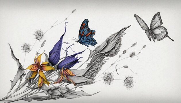 a drawing of flowers and butterflies on a white background with a black and white border to the bottom right of the image and the bottom half of the image.  generative ai