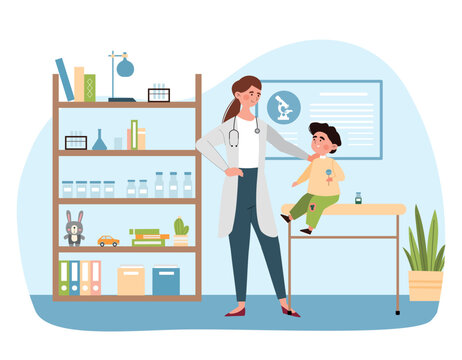 Kid in pediatrician office. Specialist with patient, young girl with stethoscope diagnoses little boy and checks his health. Treatment and prevention concept. Cartoon flat vector illustration