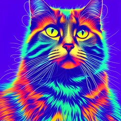 Cat. Abstract, neon portrait of a cat looking forward on a purple background in the style of pop art. Digital vector graphics - generative ai