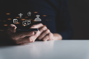 Man using social media application on smartphone for video, live streaming, meeting or conference online. Modern entertainment lifestyle and leisure via cyberspace technology like music and chat