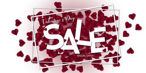 Valentine`s Day sale on red background with hearts