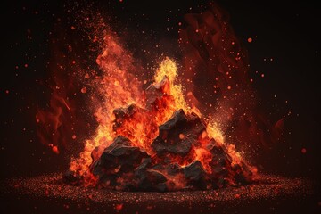  a pile of rocks on a black background with fire coming out of it and a black background with red and yellow fire coming out of it.  generative ai