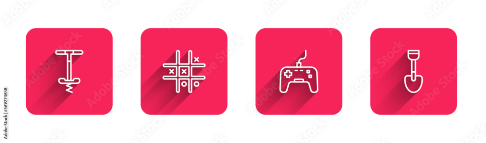 Poster set line pogo stick jumping toy, tic tac toe game, gamepad and shovel with long shadow. red square b